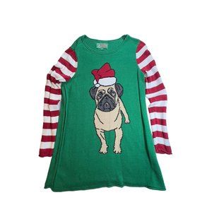 Ugly Christmas Sweater Santa Pug with Hat Women’s Green Red Long Sleeve Size Med